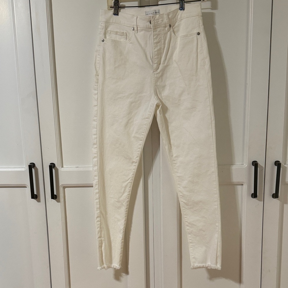 LOFT Cream High-Rise Skinny Jeans with Cropped Raw Hem